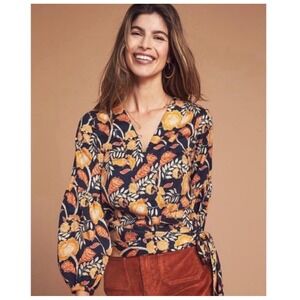 Faherty Boho Tropical Seraphina Twill Wrap Blouse Black Avignon Floral XS
